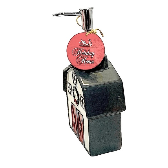 Christmas Soap Lotion Dispenser Barn Wreath Ceramic Hand Painted Grey Red White - Picture 6 of 16